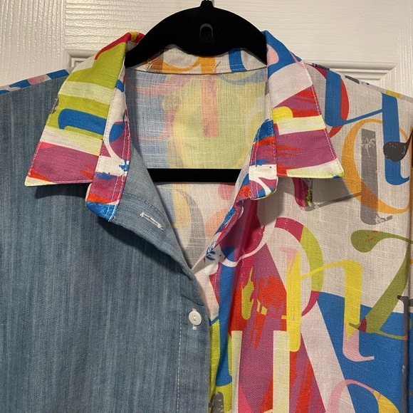 VTG Colorful Alphabet Blue Colorblock Size 2X Button Down Collared Shirt - Picture 2 of 10